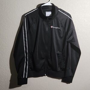 Champion Womens Jacket Size L Track Jacket Arm Stripes Script Logo Black White